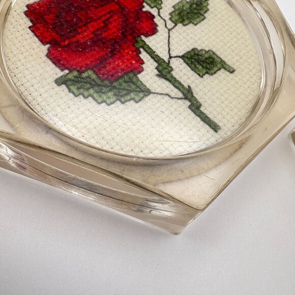 Vintage Acrylic Coasters Red Rose Cross Stitch Set of 2 Handmade Floral Decor - Picture 5 of 8